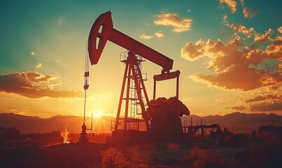 Oil pump jack silhouette at sunset, industrial energy landscape