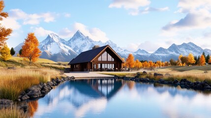 Fototapeta premium Tranquil Mountain Lodge with Scenic Reflection in Calm Water