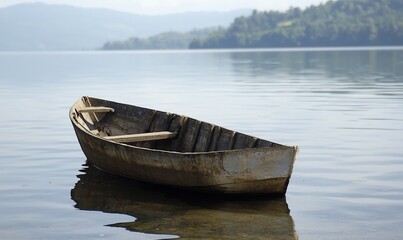 Obraz premium Old wooden boat on calm lake with forested hills background. Ideal for travel or nature themes