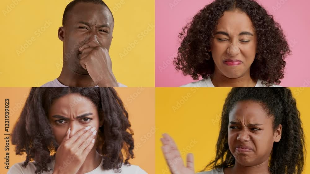 Poster four multiracial people display different emotions and gestures against vibrant backgrounds. each ex