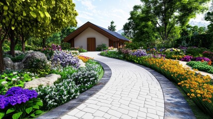 Fototapeta premium Lush Garden Pathway with Colorful Flowers and Serene House View