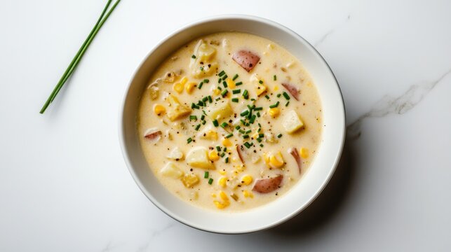 A bowl of creamy corn chowder with chunks of potato and a sprinkle of chives, Centered in a minimalist white bowl, Overhead view with soft ambient light