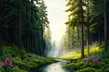 Obraz premium Serene Forest River Landscape with Morning Sunlight and Mist