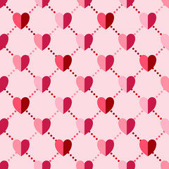 Valentine red and pink hearts and dots line on lite pink background. Vector seamless pattern. Design for decoration, wrapping paper, wallpaper, background and St. Valentine's Day decoration.