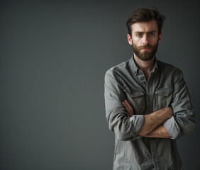 Fototapeta premium Serious man with crossed arms posing confidently on grey background