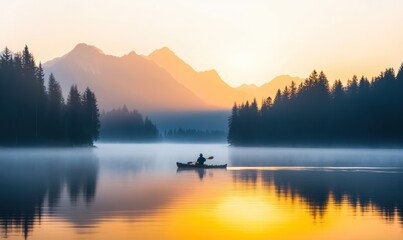 Fototapeta premium Serene Kayaking at Sunrise on a Misty Mountain Lake
