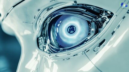 A close-up of a humanoid robot’s eye with high-resolution imaging technology, modern tech background, Futuristic style