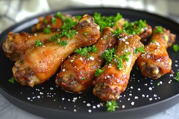 Fototapeta premium Air fryer chicken topped with dry herbs and sauce