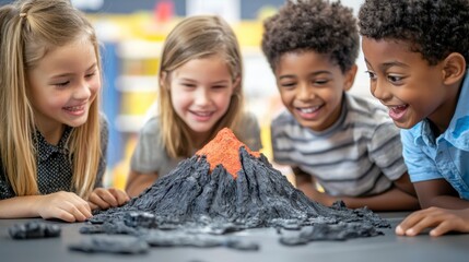 Children Engaged in Educational Science Project with Volcano Model