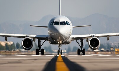 Fototapeta premium Passenger airplane taxiing on runway, preparing for takeoff against mountainous backdrop