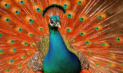 Obraz premium Peacock displaying vibrant orange plumage, close-up portrait