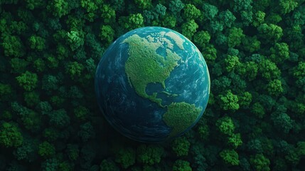 Fototapeta premium A vibrant green planet emerges from a dense forest, symbolizing nature's beauty and the urgent need for environmental preservation and sustainability.
