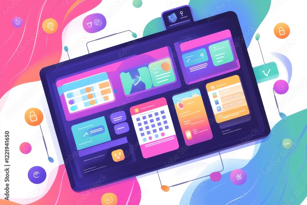 Poster a vibrant digital dashboard displays various colorful widgets and icons against a fluid background, 