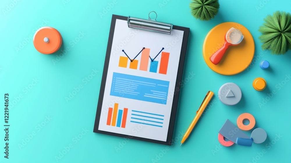 Poster a vibrant workspace scene featuring a clipboard with colorful charts and graphs, surrounded by stati