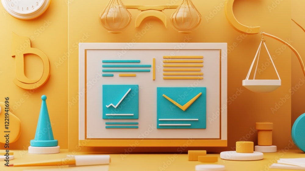 Poster a colorful, abstract workspace featuring charts and icons, symbolizing data analysis, decision-makin