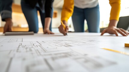 Teamwork, architects reviewing blueprints, planning, design, collaboration.