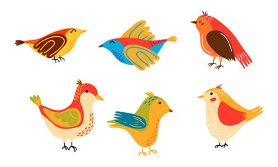 Set of birds in various poses. For children books, greeting cards, nature-themed projects, or decorative prints