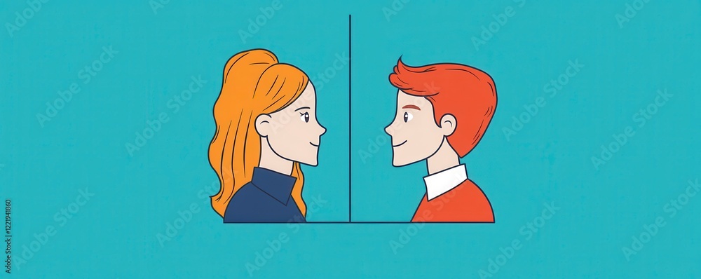 Poster two illustrated characters face each other against a teal background, showcasing a playful interacti