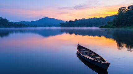 Serene Sunrise over a Misty Lake with a Small Boat