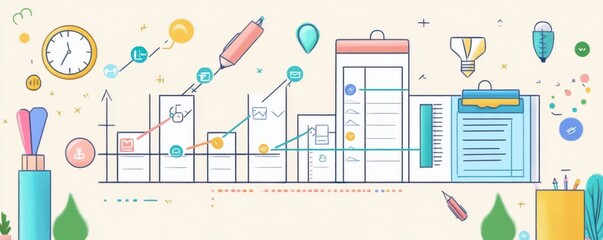 A colorful illustration depicting growth metrics, featuring charts, pens, and various office supplies, symbolizing productivity and success.