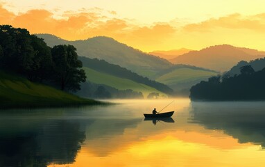 Serene Sunrise over Misty Lake with Fisherman in a Small Boat