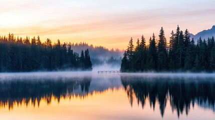 Fototapeta premium Serene Sunrise over Misty Lake with Tree Reflections