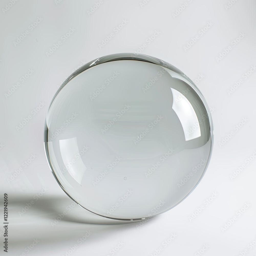 Poster a transparent glass sphere resting isolated on white background, reflecting light and creating soft 