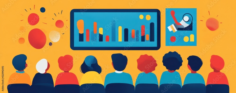 Poster a diverse group of individuals attentively watching a presentation on a colorful screen, surrounded 