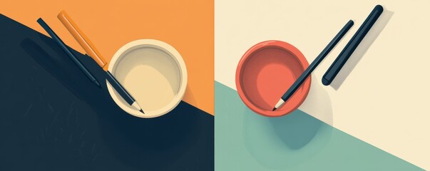 Obraz premium A minimalist image featuring two bowls and chopsticks, presented in contrasting colors against a divided background.