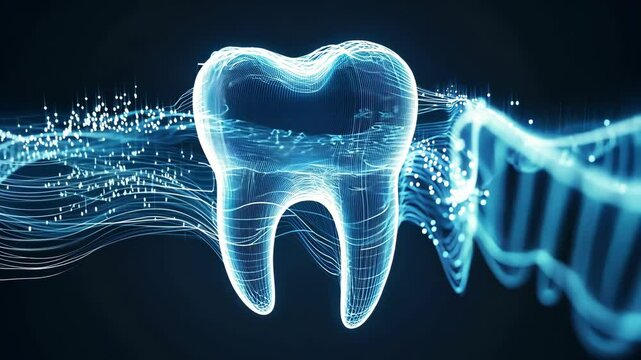 Digital dental illustration showing a glowing tooth design with swirling light patterns set against a dark background