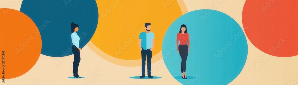 Poster three people stand in a colorful, abstract space, each positioned within distinct circles, conveying