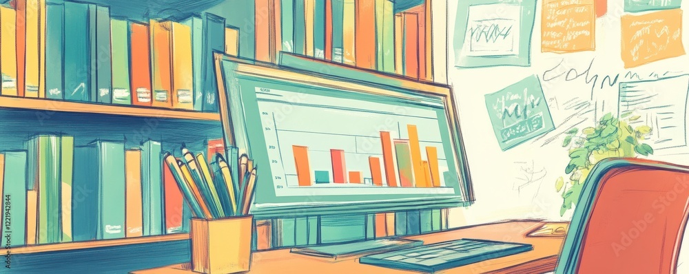 Aufkleber a colorful workspace featuring a computer displaying bar graphs, surrounded by books, stationery, an