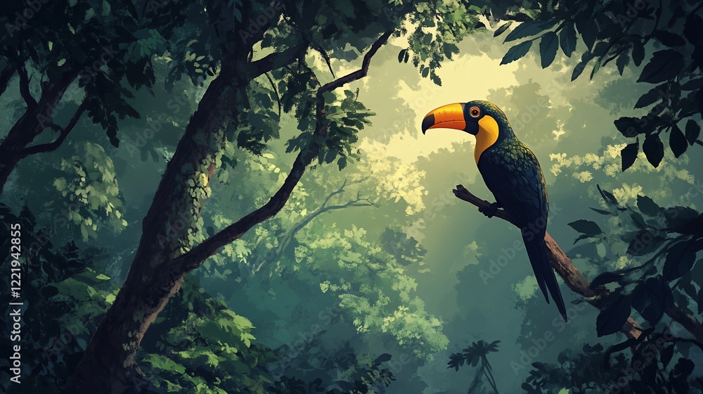 Poster toucan perched on a branch in a lush green jungle setting with soft light