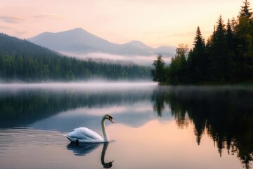 Fototapeta premium Serene Swan on Misty Lake at Sunrise with Mountain Reflections