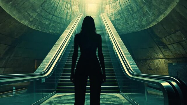 Mysterious figure at the base of an escalator in an abandoned urban environment