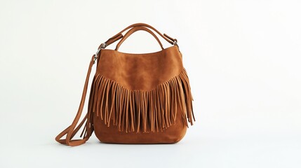 Stylish brown suede fringe hobo bag with shoulder strap on white background