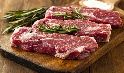 Fototapeta premium Raw beef steaks on cutting board with rosemary & pepper on rustic wood table