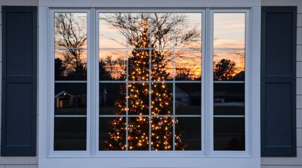 Christmas Tree Reflection in Window at Sunset with Dark Shutters and White Trim