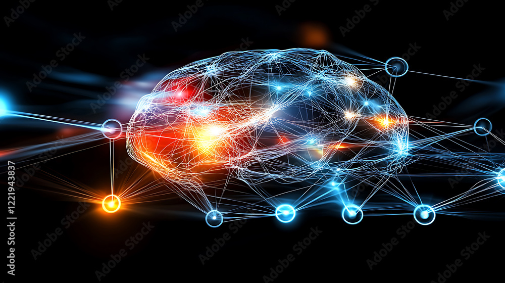 Poster exploring neural networks brain activity visualization technology lab digital art dark background cl