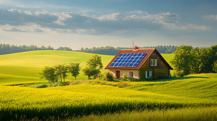 A farm house with solar panels on the roof, surrounded by endless green fields and sustainable farming practices, capturing the essence of rural green energy.