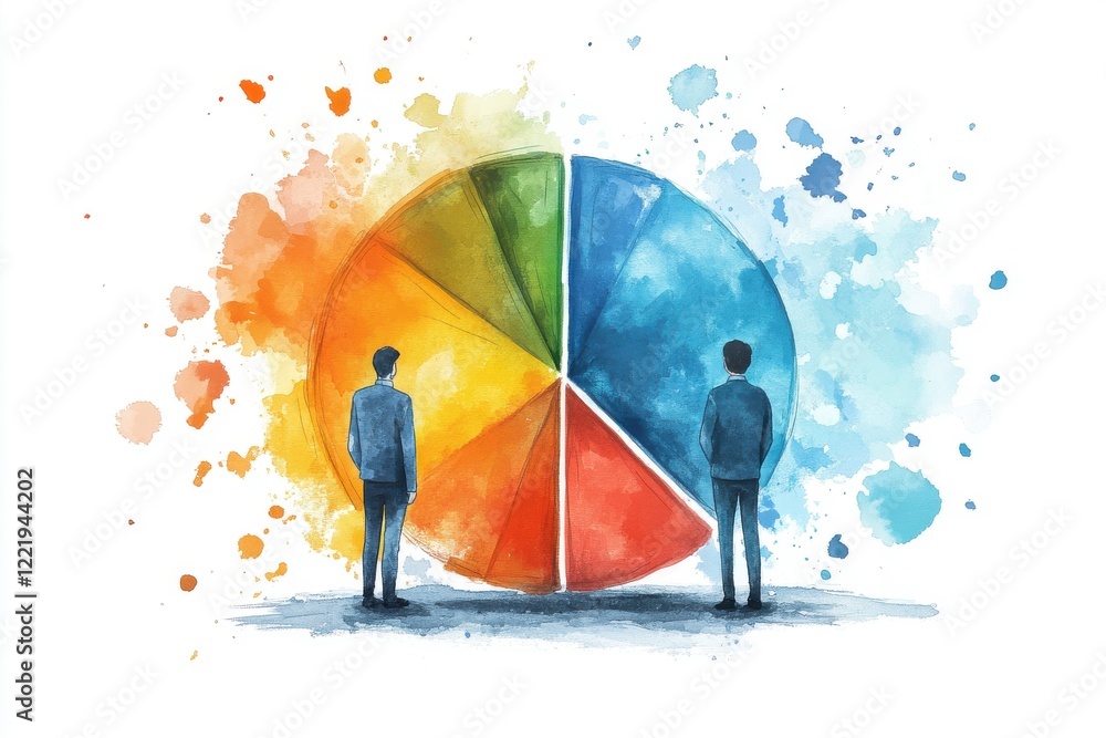 Poster two figures observe a colorful pie chart against a splash of watercolor, representing data analysis 
