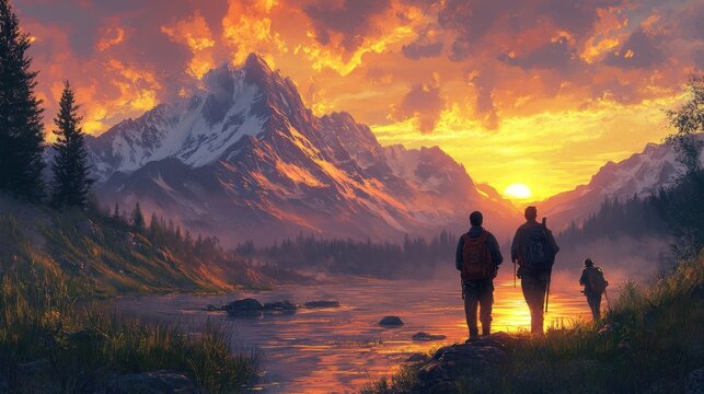 Adventurers gaze at a fiery sunset illuminating the majestic snow-capped mountains and tranquil lake during their wilderness exploration