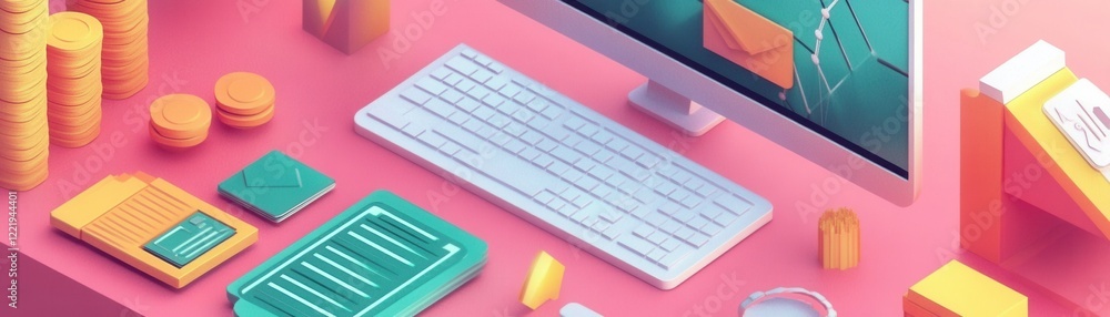 Poster a colorful digital workspace featuring a computer, keyboard, charts, and stacks of coins, symbolizin
