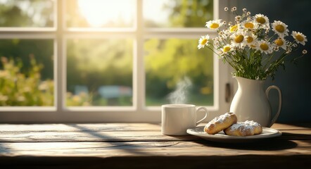Sunlit Morning with Daisies and Pastries on Rustic Table