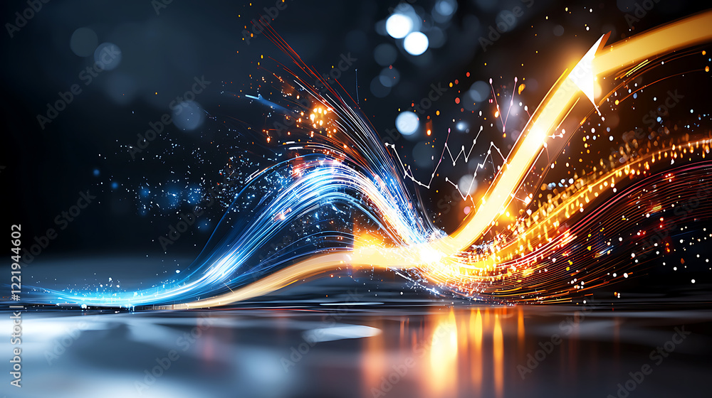 Poster dynamic light trails representing data flow abstract digital art studio colorful swirls and graphs c