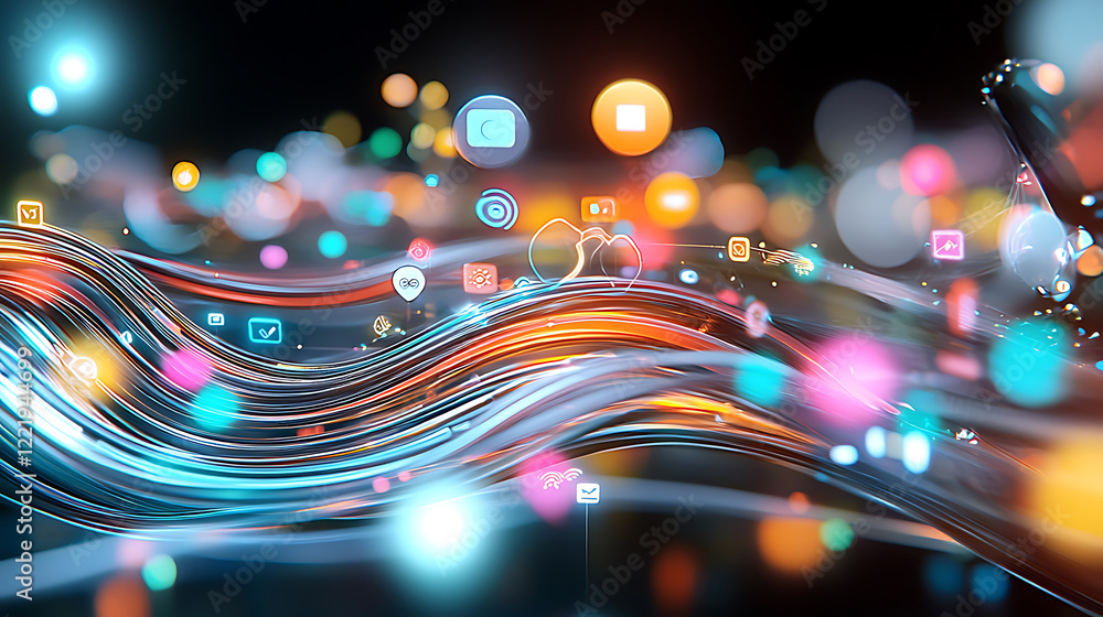 Poster exploring digital interactions vibrant social media icons virtual space graphic art dynamic environm