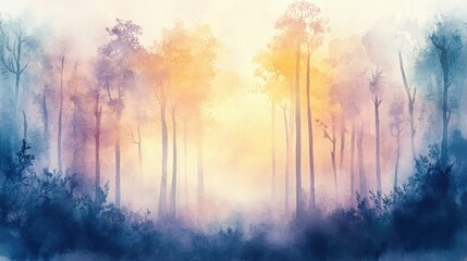 Serene Forest Landscape at Sunrise with Mist and Soft Colors, Capturing the Tranquility of Nature in a Dreamy Atmosphere