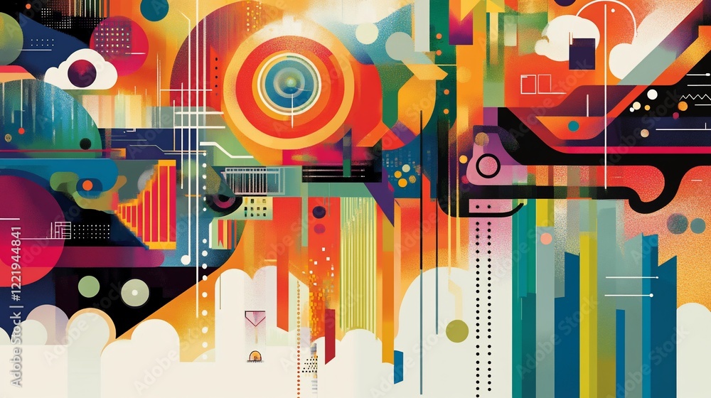Poster abstract geometric artwork featuring vibrant colors and dynamic shapes creating a visual symphony