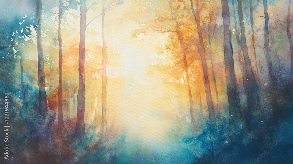 Poster serene forest pathway illuminated by golden light with colorful trees creating a dreamy atmospheric 