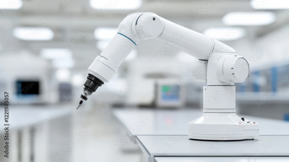 Poster a sleek robotic arm designed for precision tasks in a modern workspace, showcasing cutting-edge tech